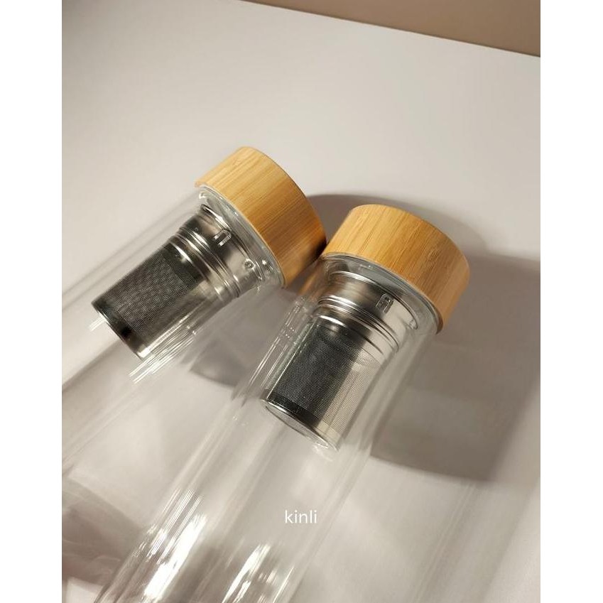 Double Wall Glass Tea Bottle Stainless Steel Infuser Bamboo Lid