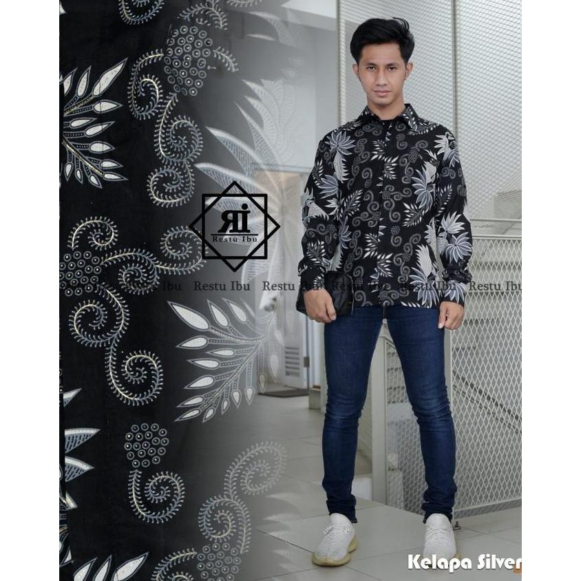 COUPLE ROK DAN KEMEJA BATIK PRIA MODERN MOTIF KELAPA SILVER / BAJU BATIK COUPLE ROK PLISKET JUMBO KA