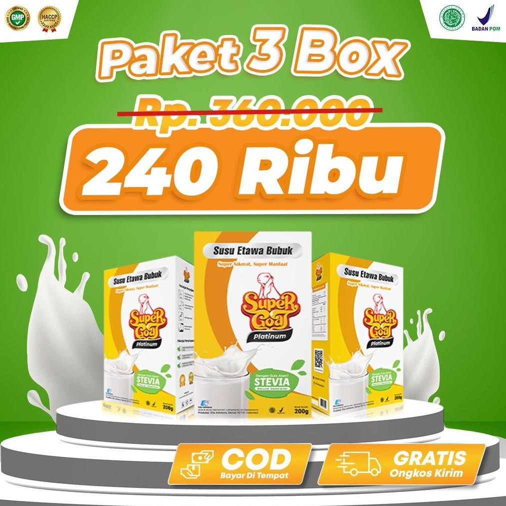 

NO_MORE Supergoat Susu Kambing Etawa Platinum Stevia Minuman Bubuk Milk Powder Mencegah Diabetes 3 Box
