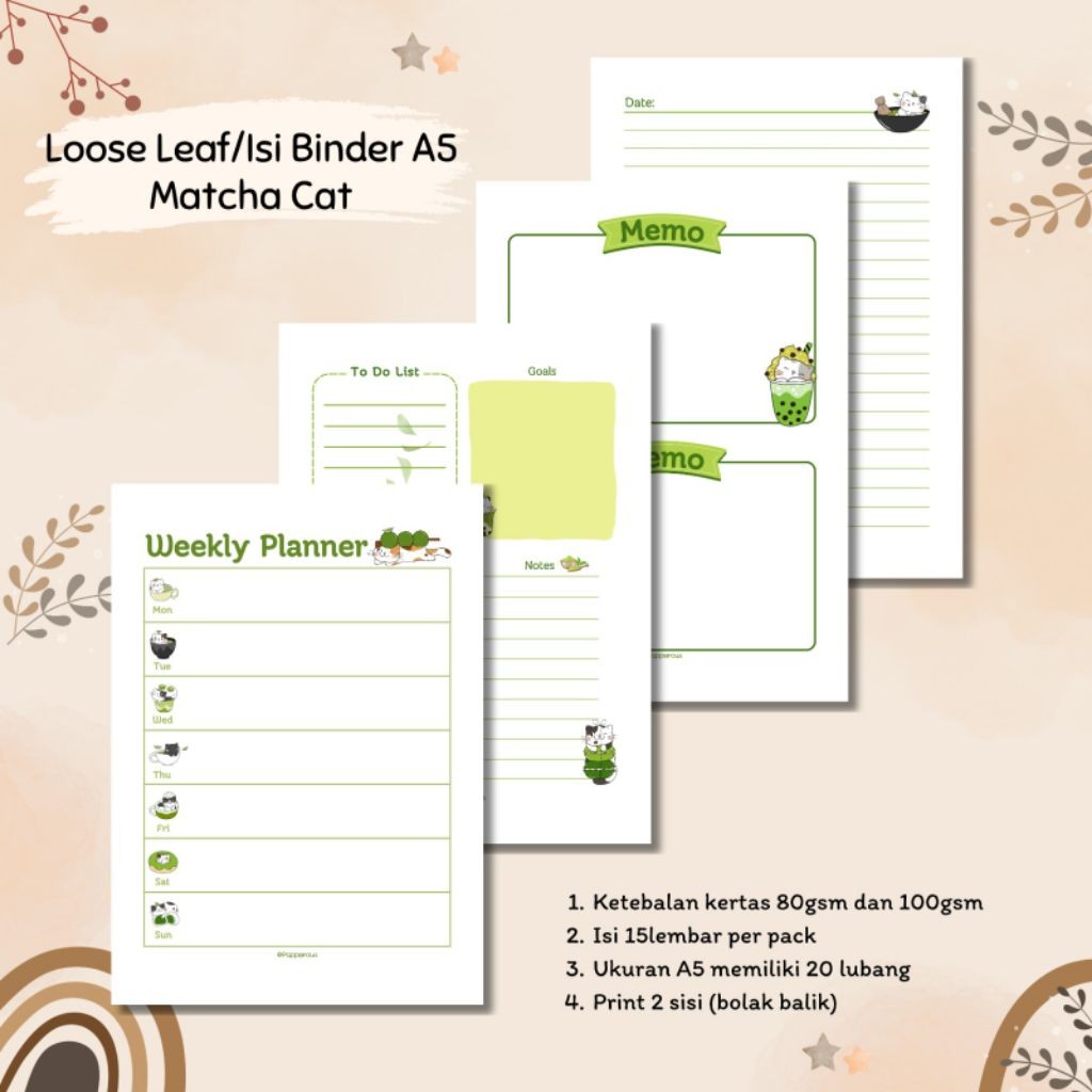 

Isi Binder/Loose Leaf/Kertas Binder A5 - Matcha Cat