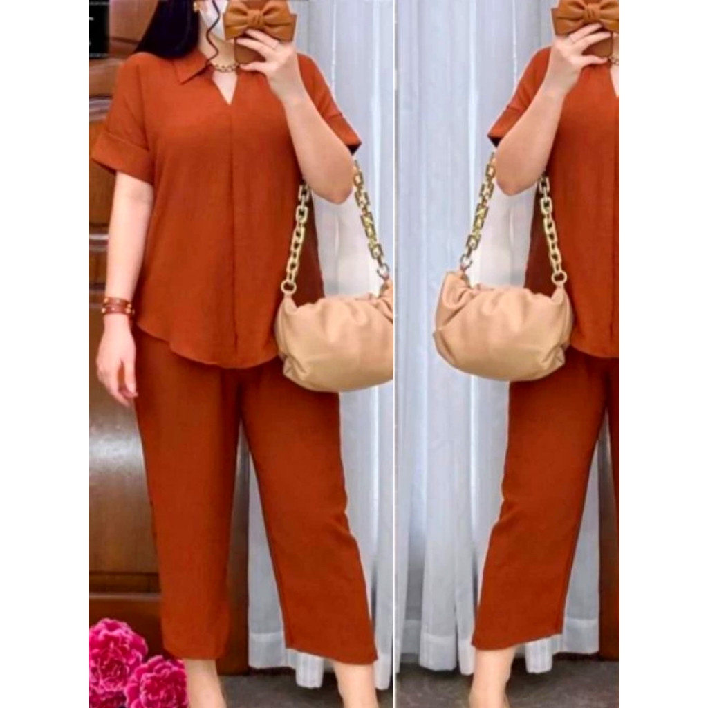 __* Yusa Baju Wanita One Set Kekinian Setelan Atasan Lengan Pendek dan Celana Panjang Bahan Katun Po
