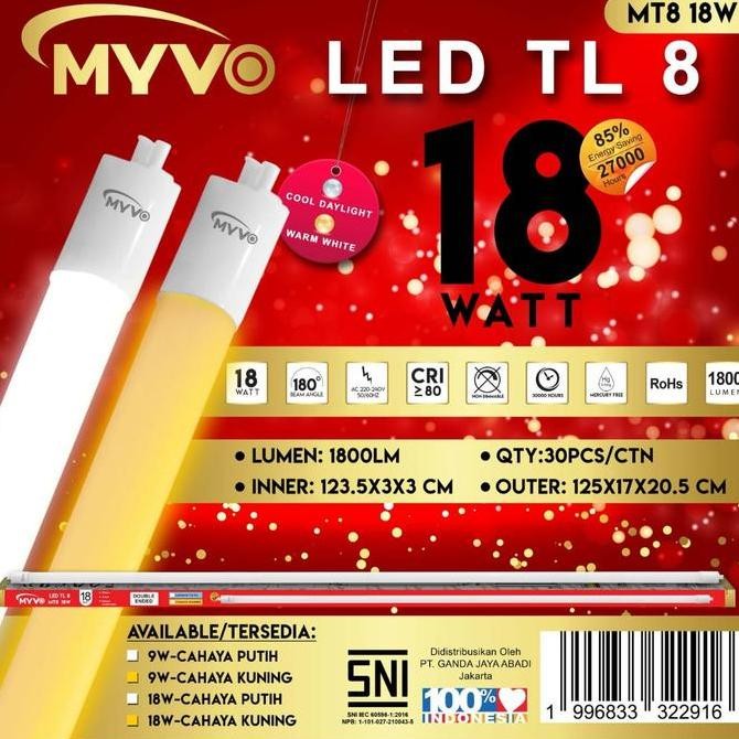 Paket 1 Dus Lampu Tl T8 Led 18 Watt Putih - Panjang 120Cm Myvo T8