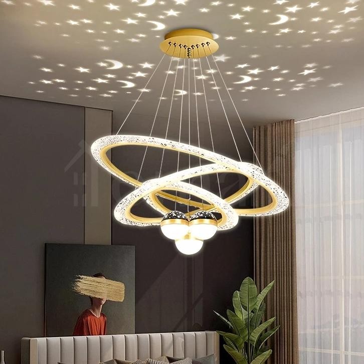 Lampu Hias Gantung Minimalis Ruang Tamu 80+60+40cm LED Lampu Kamar Tidur REMOTE CONTROL 3 Warna +3Ri