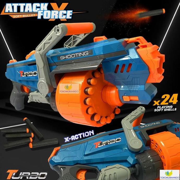 Mainan Pistol Tembakan Nerf Gun Attack X Force SoftBullet Eva Revolver