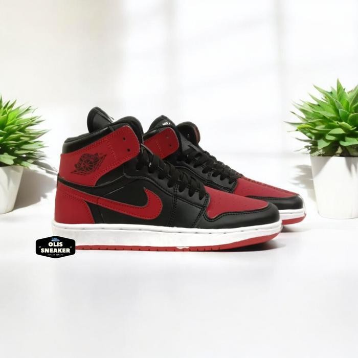 Sepatu Sneakers Jordan High Black Red Bred Hitam Mera Pria Wanita Unisex Ukuran 36 37 38 39 40 41 42