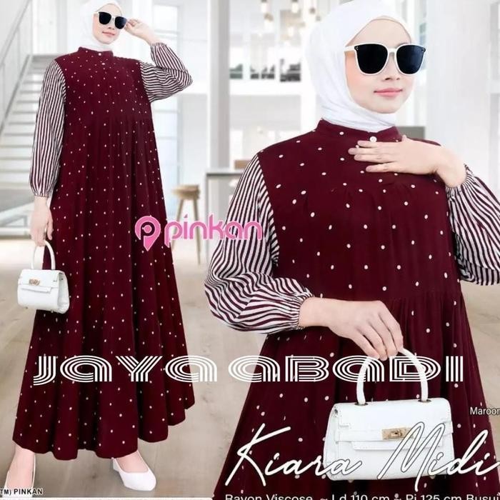 GKI Gamis Dres Motif Polkadot Lengan Salur Bahan Rayon Premium Wanita Muslim