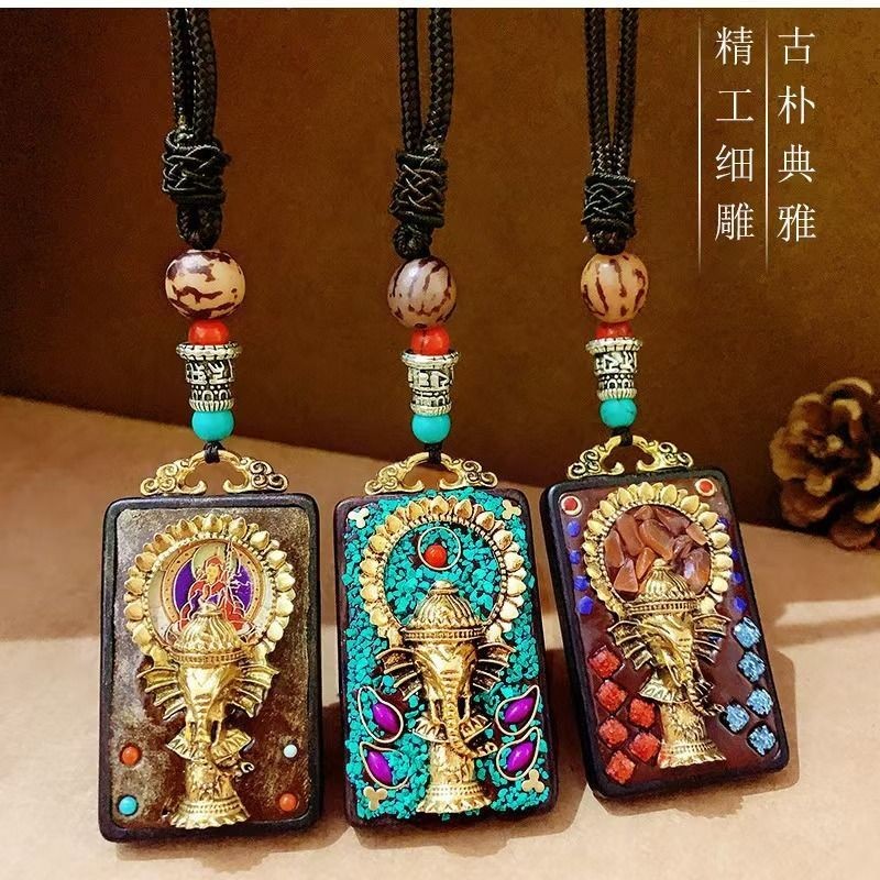 Liontin Amulet Buddha untuk Kekayaan dan Keberuntungan, Patung Buddha Thangka Kayu Ebony Hiasan Gant