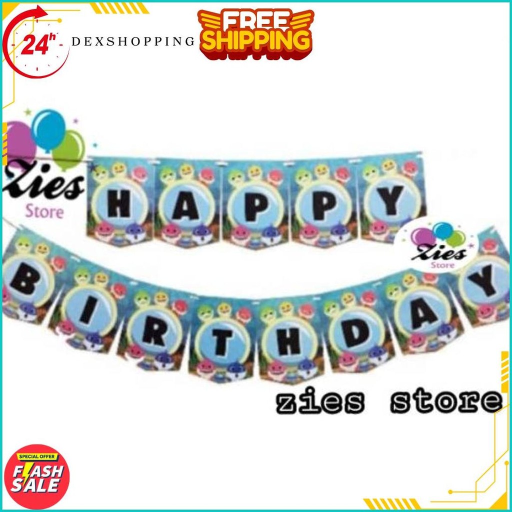 Banner Happy Birthday Baby Shark / Banner Ulang Tahun Baby Shark Siap Kirim