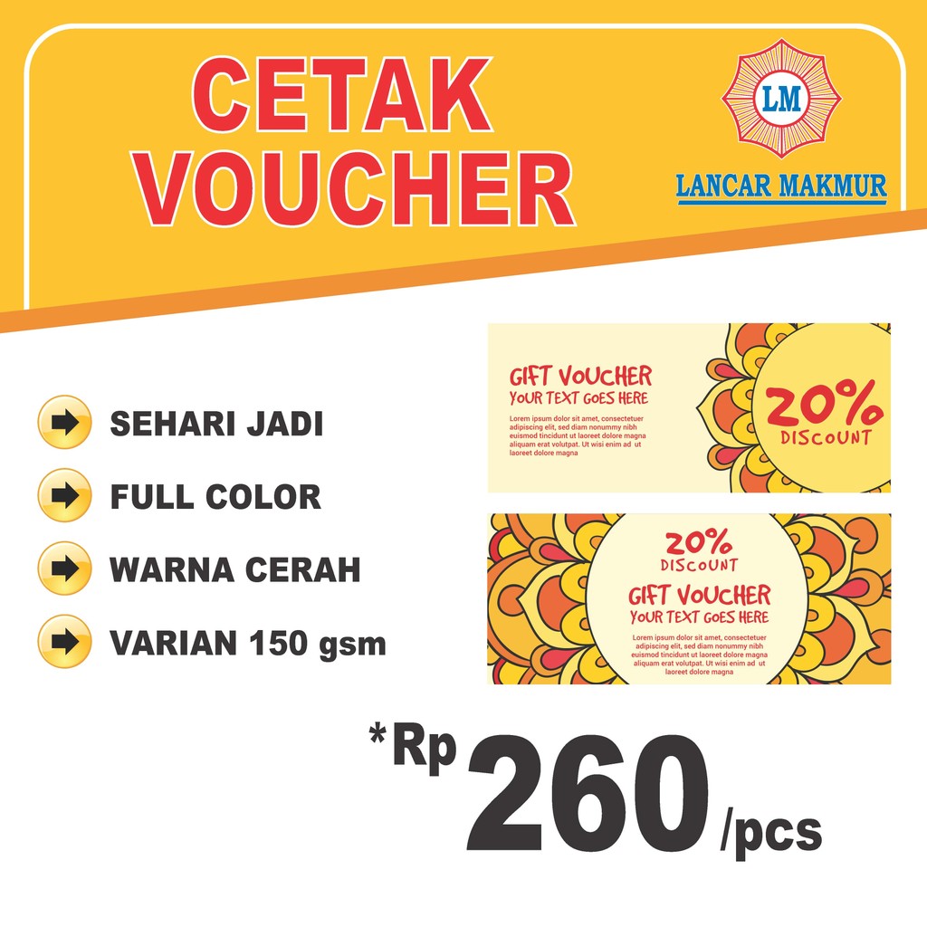 

Cetak Voucher Custom | Art Paper 150gsm | Voucher Promosi / Hadiah / Undangan | Sehari Jadi