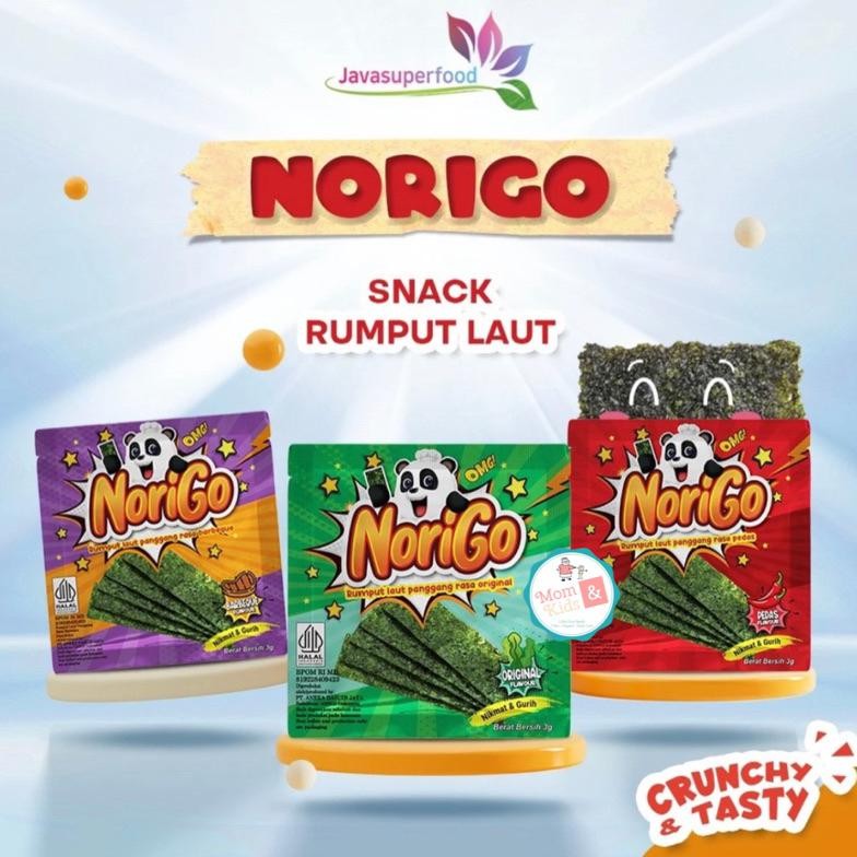 

NORIGO NORI SACHET SEAWEED 3G (1 BOX ISI 12 SACHET) | RUMPUT LAUT HALAL | SNACK CEMILAN BAYI ANAK aSt