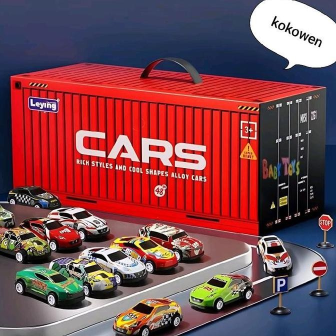 (1 Kotak 4 Rak / 48 mobil bonus peta) mainan mobil mobilan Toy metal pullback kado hadiah mobil main