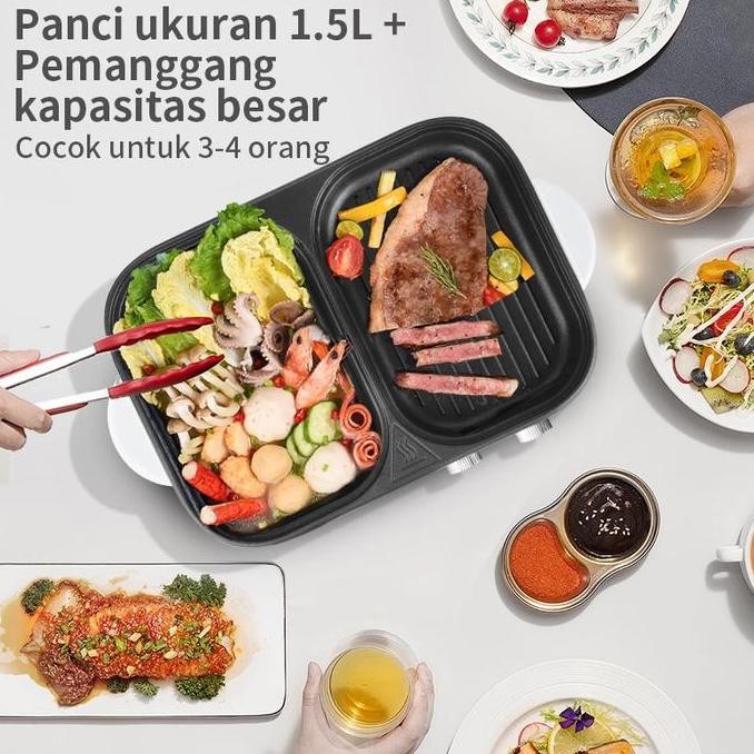 Mega DealsSimplus Panci & Pemanggang Elektrik Multifungsi Wajan 2 Dalam 1 Bbq Grill & Hotpot Low Wat