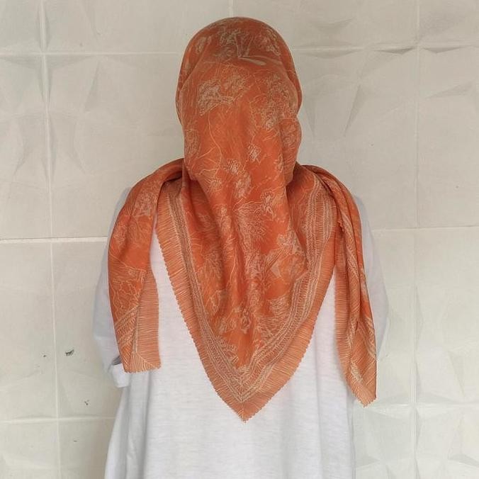 (Allthebest) Krudung Jilbab Segi Empat Hijab Motif Warna Orange Voal Premium