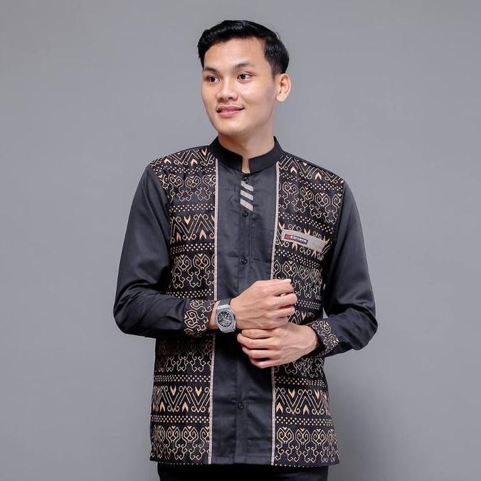 BEST/ Baju Koko Pria Lengan Panjang Motif Dayak Kombinasi Batik