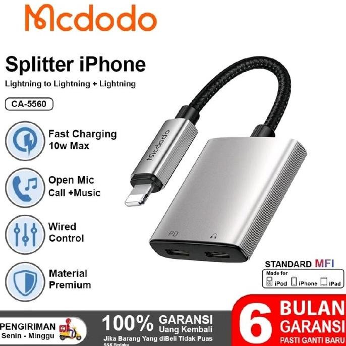 Mcdodo 5560 Splitter Converter iPhone Dual Lightning Mic Audio Cable Berkualitas