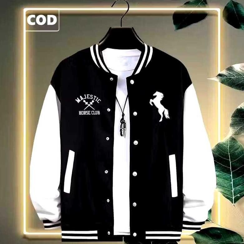 DV176 - Jaket Baseball Varsity kancing MAJESTIC Text PUTIH Jaket Varsity Kancing Premium Pria Wanita