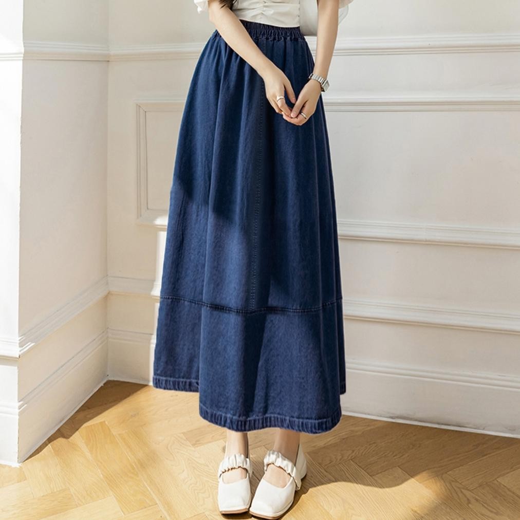 Terbaik Denim Skirt Rok Wanita Summer Retro Loose Splicing Mid-Length Elastic waist Casual Umbrella 