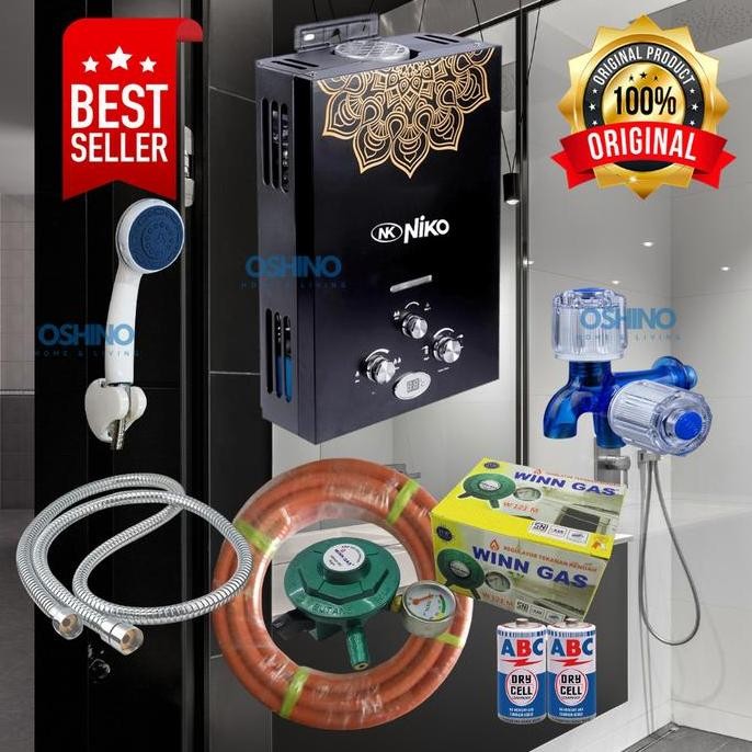 PAKET KOMPLIT WATER HEATER NIKO BERWARNA HITAM DENGAN PEMANAS AIR GAS UNTUK KAMAR MANDI, DILENGKAPI 