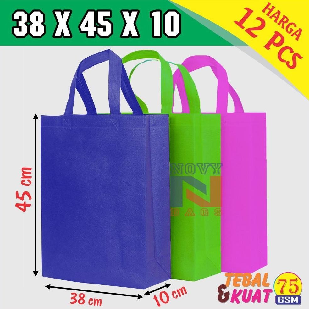 

Tas Kain Spunbond MURAH Handle Lipat Samping (HLS) Ukuran 38x45x10 isi 12 pcs, GOODIE BAG go green aSt