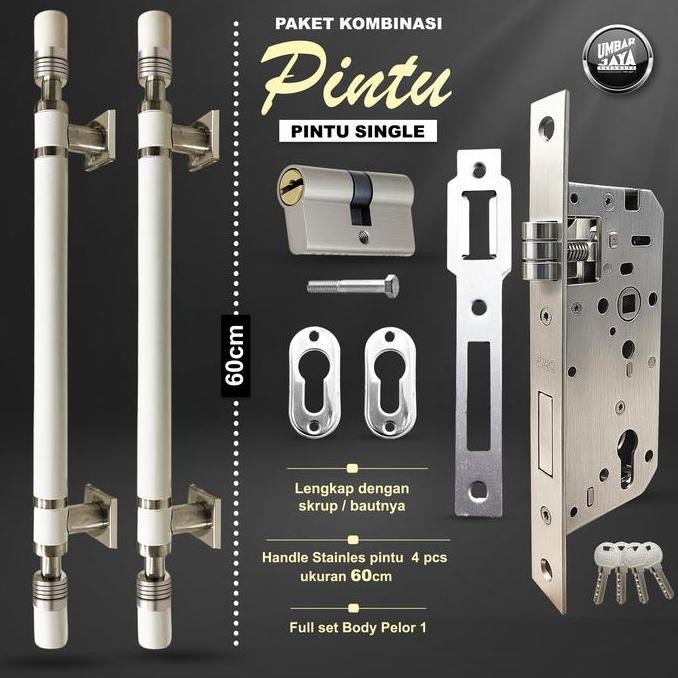 HANDLE PINTU MINIMALIS BULAT 60 CM BAHAN STAINLESS & SATU SET BODY KUNCI, GAGANG PINTU RUMAH, TARIKA