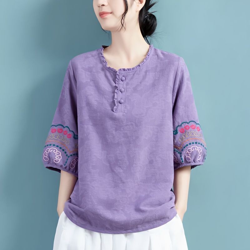 Kemeja Wanita Jacquard Katun Berkualitas Tinggi Pullover Kerah Berkerut Retro Santai T Baju Kaos