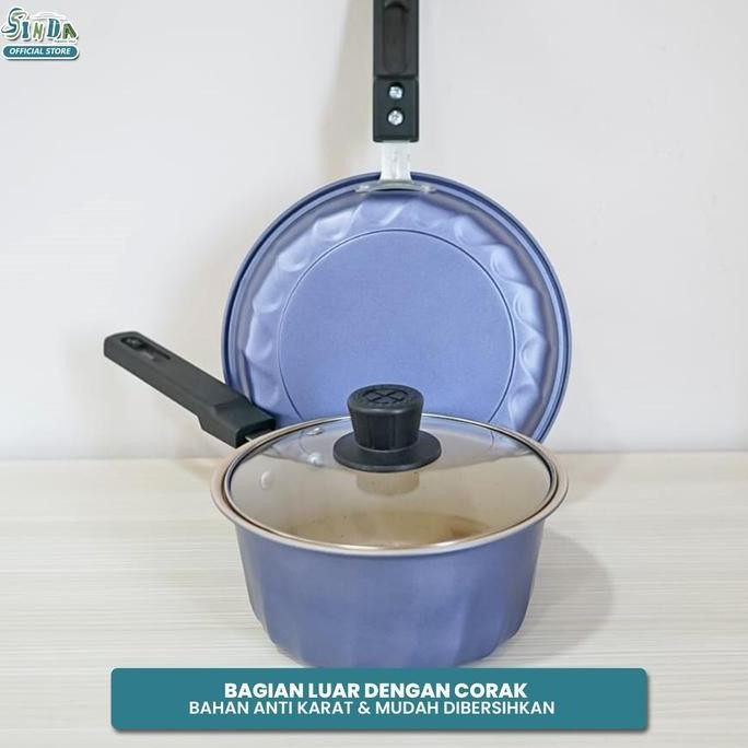 NC SINDA Panci Teflon Masak 1 Set Panci Penggorengan Enamel Dengan Tutup Kaca Anti Lengket Ukuran 18
