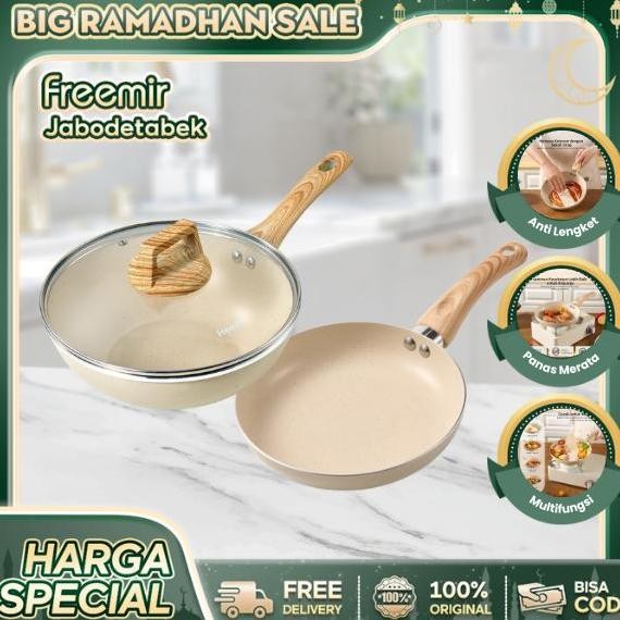 NC [MEGA SALE] [Crehom Exclsuive] freemir Set 24 cm Dapat Wajan Penggorengan 24 cm Granit Putih Beig