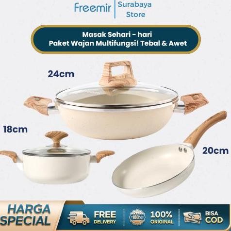 NC (Bisa COD) Freemir Wajan 24cm Beige Set Wajan & Teflon 18/20cm Wajan Anti Lengket Granit Premium 