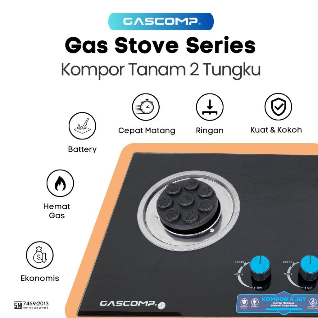 NS GASCOMP Kompor Tanam Kaca 8 JET Kompor Gas 2 Tungku 8 JET Spesial Kompor Tanam Burner Lebih Hemat