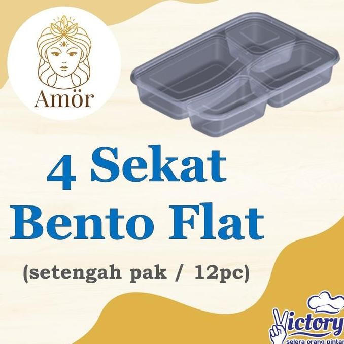 12Pc_Thinwall Bento 4 Sekat Flat_Packaging Plastik Kotak Makan Bento