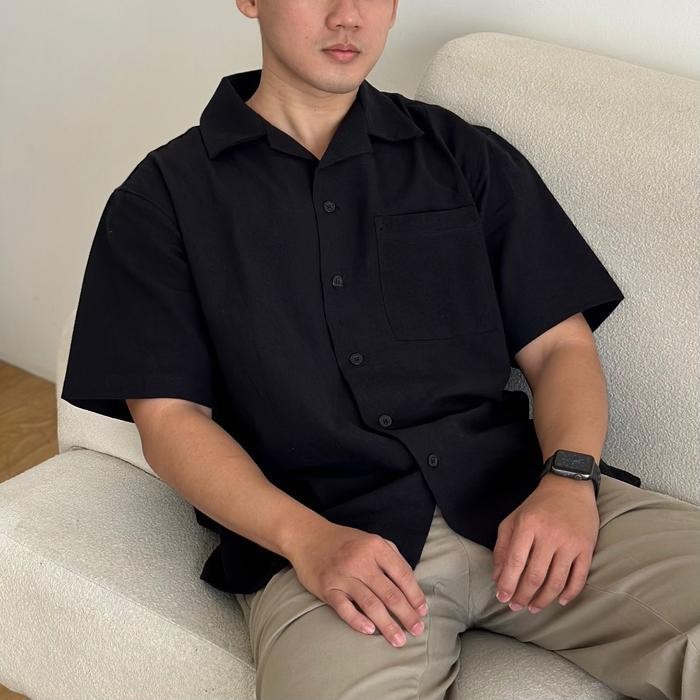ST COZYCLUB CUBAN BOWLING Shirt Linen Premium | Kemeja Bowling Kerah Terbuka Lengan Pendek Baju Dark