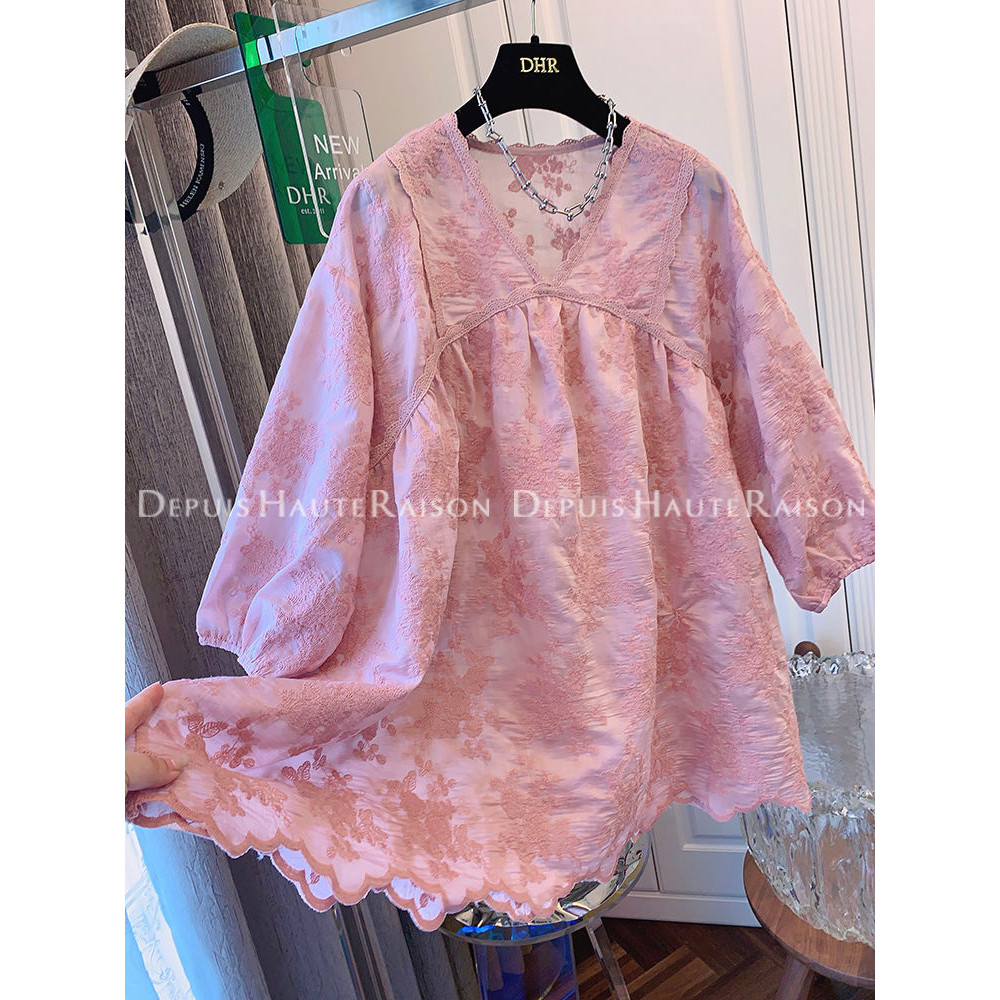 Renda Jacquard Bordir Baru V Kerah T Baju Wanita KAOS