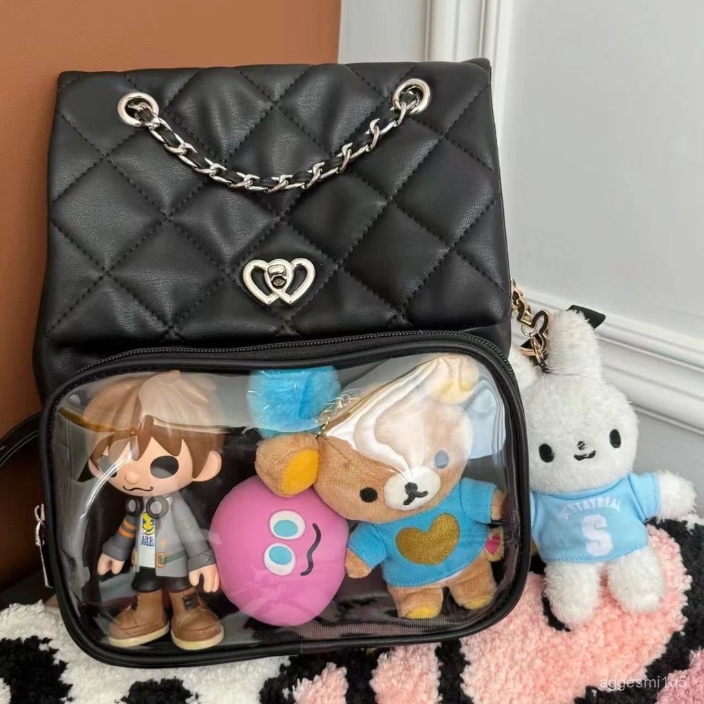 Tas Ransel Hitam Mini PU Kotak Kotak Panel Transparan/Tas Sekolah Aesthetic Korean Style Wanita deng