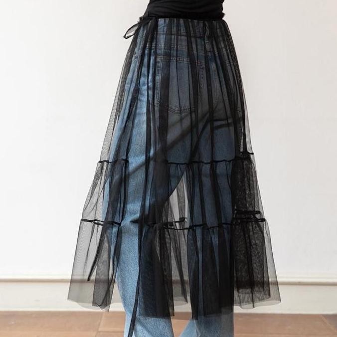 Rok Tile korean lace and lace varsitile rok tutu tanpa furing daleman  Hitam Flowy wanita Santai and