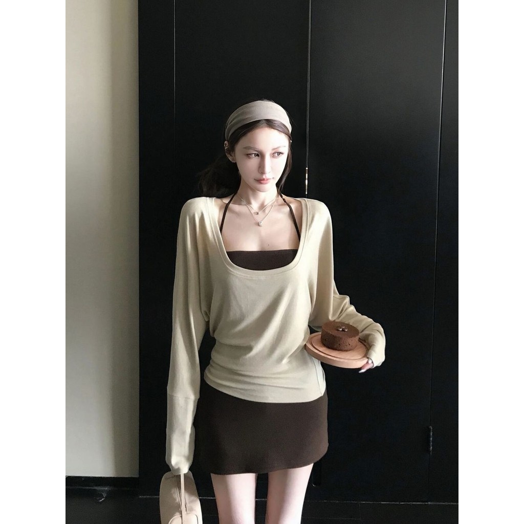 【VELVANA】【COD】Setelan Wanita Baru 2025 Kaos Lengan Panjang Rompi Tanpa Punggung Rok Celana