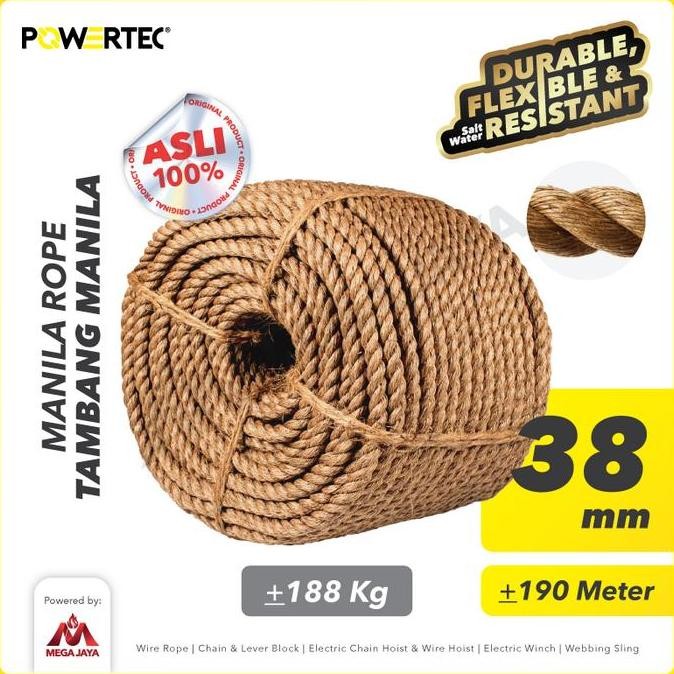 

TALI TAMBANG MANILA ROPE 38 MM X 190 M X 188 KG POWERTEC TAMPAR DADUNG ORIGINAL DAN TERPERCAYA