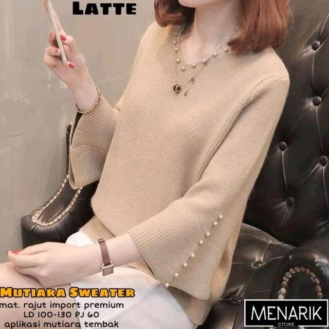 Blouse Rajut Import Premium - Atasan Wanita Lengan Panjang Mutiara Trendy Top By Menarik
