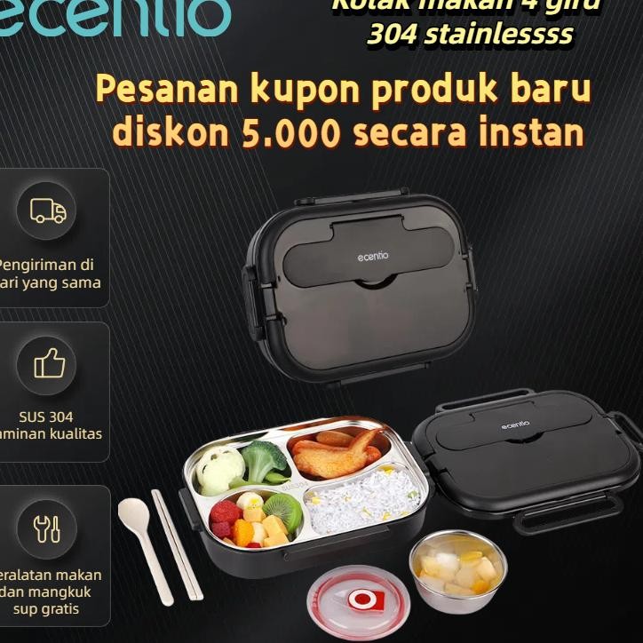 Ecentio Tempat Makan 4 Grid Lunch Box Kotak Stainless Steel 304 1Ml Lunch Box