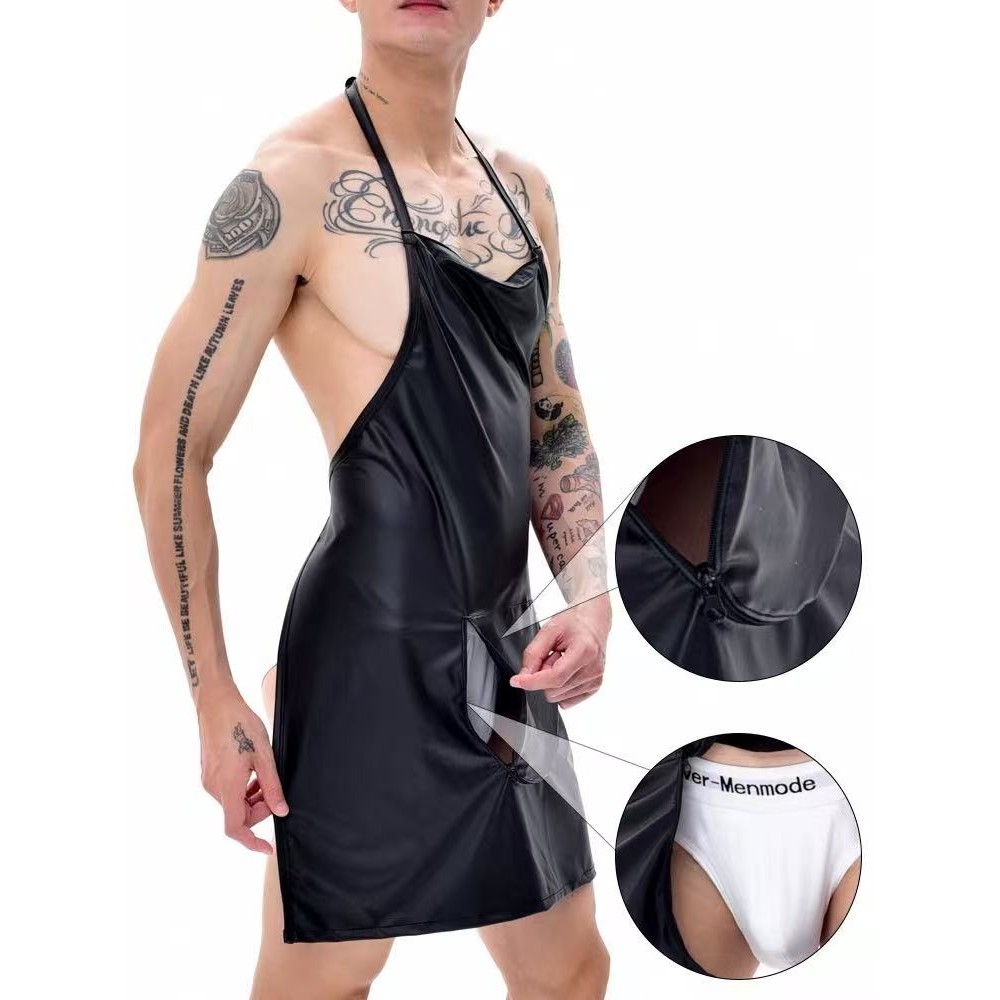 Men's COSPLAY Chef Zipper Front Open Crotch Faux Leather Sexy Apron