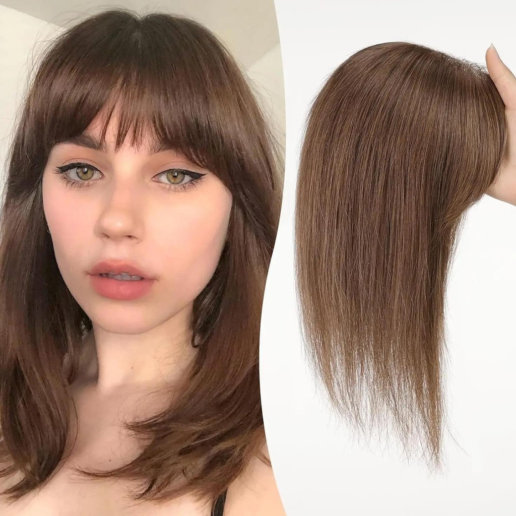Brown Human Hair Topper With Bangs For Women 100% Remy Human Hair Pieces Topper With Clips 10*12Cm S