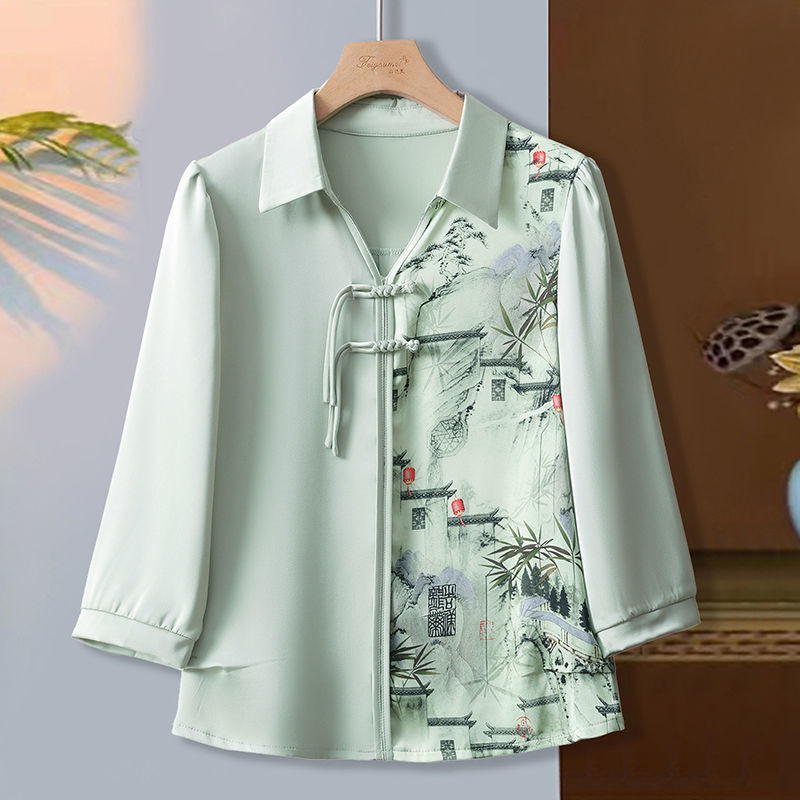 Kemeja Gaya Cina Baru yang Modis untuk Wanita Blus Atasan Gaya Cina Tiga Perempat Lapisan Dasar T Ba