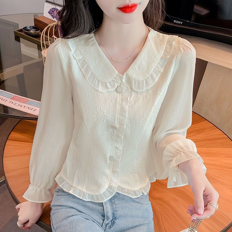 2025Lengan Panjang Kerah Boneka Patchwork Slim Fit Baru Blus Chiffon Wanita