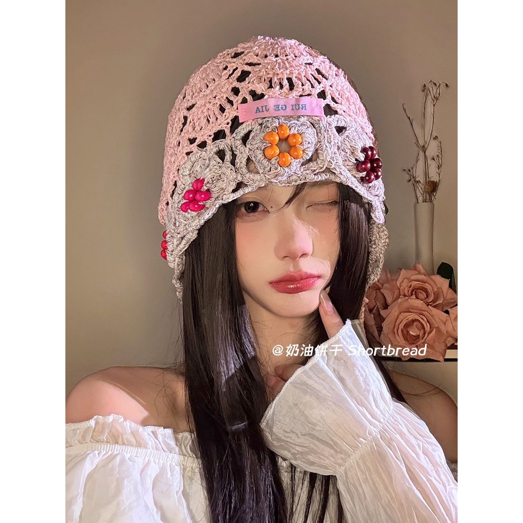 [Saror]Topi Bunga Berwarna Versi Korea Wanita Topi Nelayan Rajut Tipis