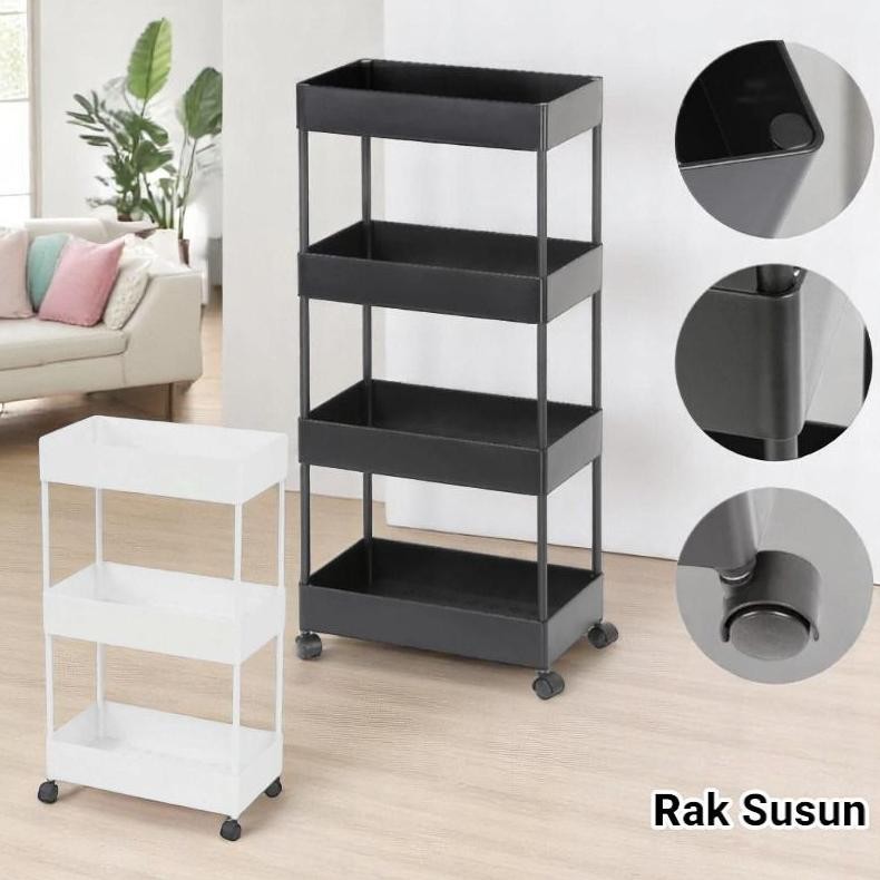 RAK 4 SUSUN SERBAGUNA DENGAN RODA WARNA HITAM DAN PUTIH | BAHAN PLASTIK
