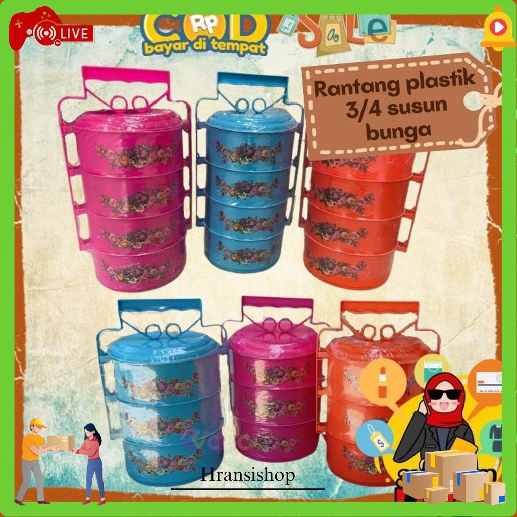Rantang 4 / 3 Susun Plastik Gambar Bunga Tenteng Tingkat Gagang Terlaris