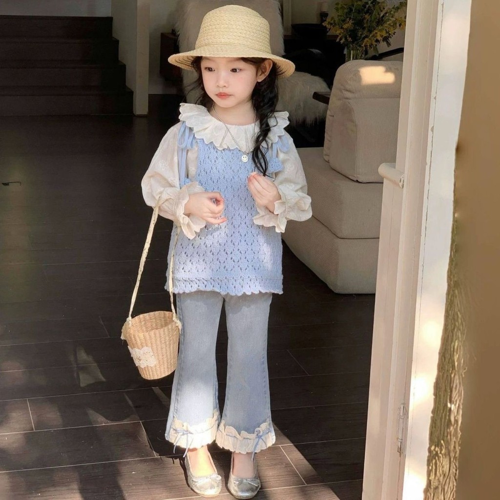 [COD]Setelan anak perempuan gaya Korea rajutan berongga rompi rajutan rompi jeans melebar