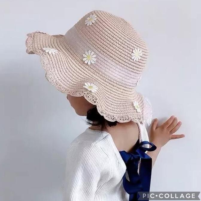 PROMO - 4-8 tahun | IMPORT | Topi Pantai Anak Perempuan Motif Pita Bunga Fashion Aksesoris Kepala