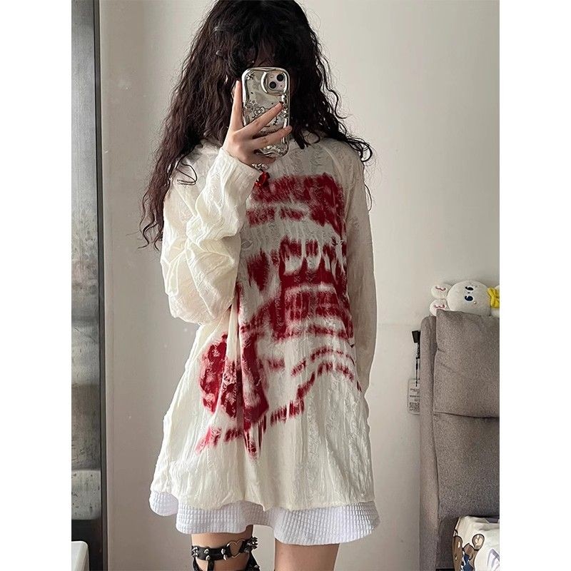 ChuRan2025 Musim Semi dan Musim Gugur Baru Hoodie Sweatshirt Wanita Dicetak Putih Gaya Amerika Desai