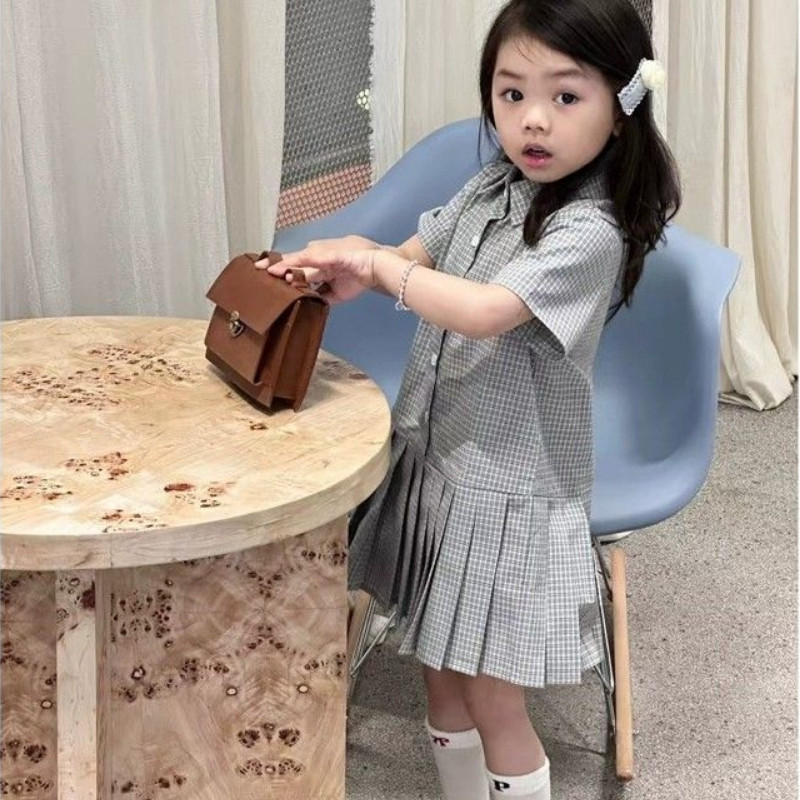 ELF TRIBEGaya Kuliah Gaun Lipit Kemeja Kotak-Kotak Anak Perempuan 2025  Anak Musim Panas Baru Biru