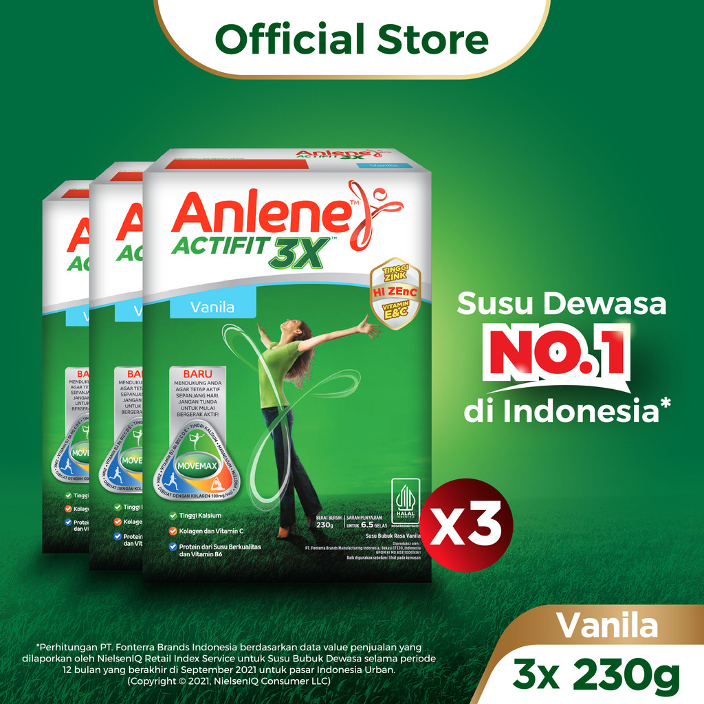 

Anlene Actifit 3X Susu Bubuk Dewasa Vanila 3 x 230g - Nutrisi Tinggi Kalsium Untuk Tulang, Sendi, dan Otot